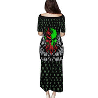 Flaming Skull Family Matching Puletasi and Hawaiian Shirt with Green Runes and Norse Symbols Viking Warrior Tribute - Wonder Print Shop
