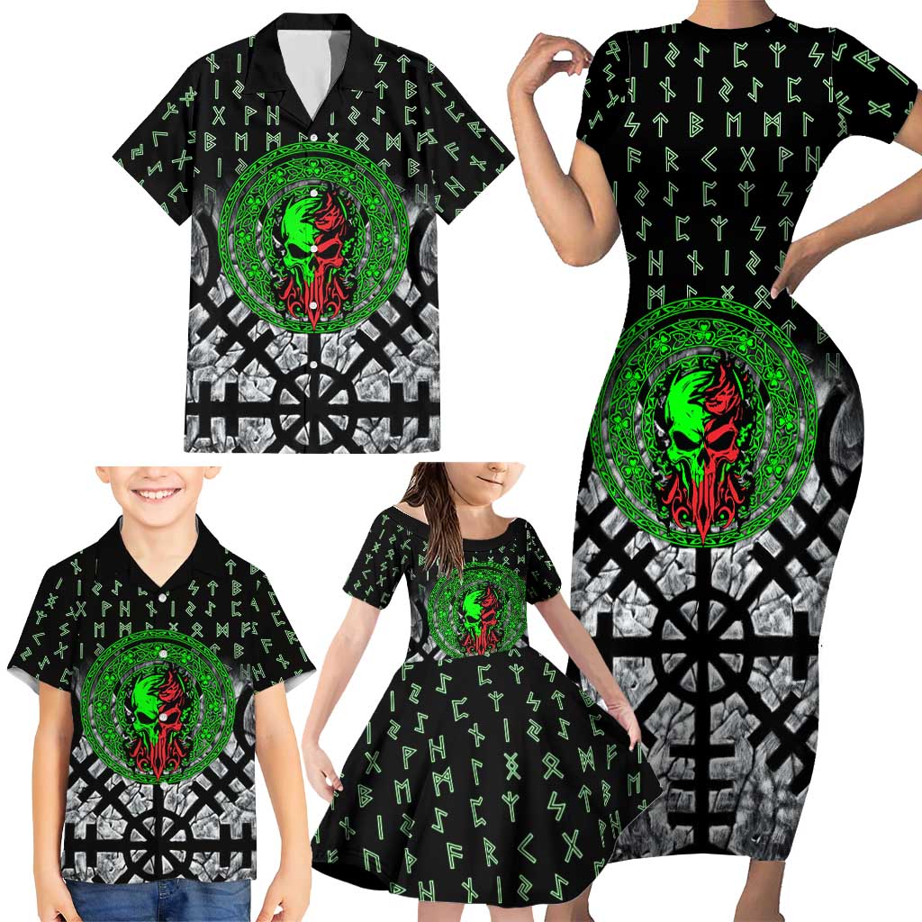 Flaming Skull Family Matching Short Sleeve Bodycon Dress and Hawaiian Shirt with Green Runes and Norse Symbols Viking Warrior Tribute - Wonder Print Shop