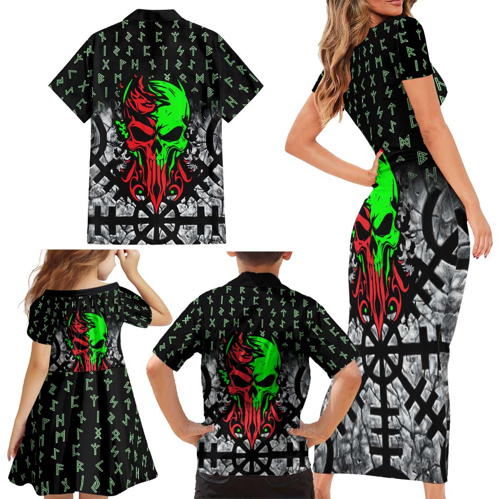 Flaming Skull Family Matching Short Sleeve Bodycon Dress and Hawaiian Shirt with Green Runes and Norse Symbols Viking Warrior Tribute - Wonder Print Shop