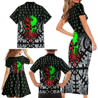 Flaming Skull Family Matching Short Sleeve Bodycon Dress and Hawaiian Shirt with Green Runes and Norse Symbols Viking Warrior Tribute - Wonder Print Shop