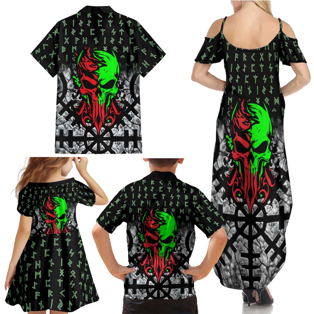 Flaming Skull Family Matching Summer Maxi Dress and Hawaiian Shirt with Green Runes and Norse Symbols Viking Warrior Tribute - Wonder Print Shop