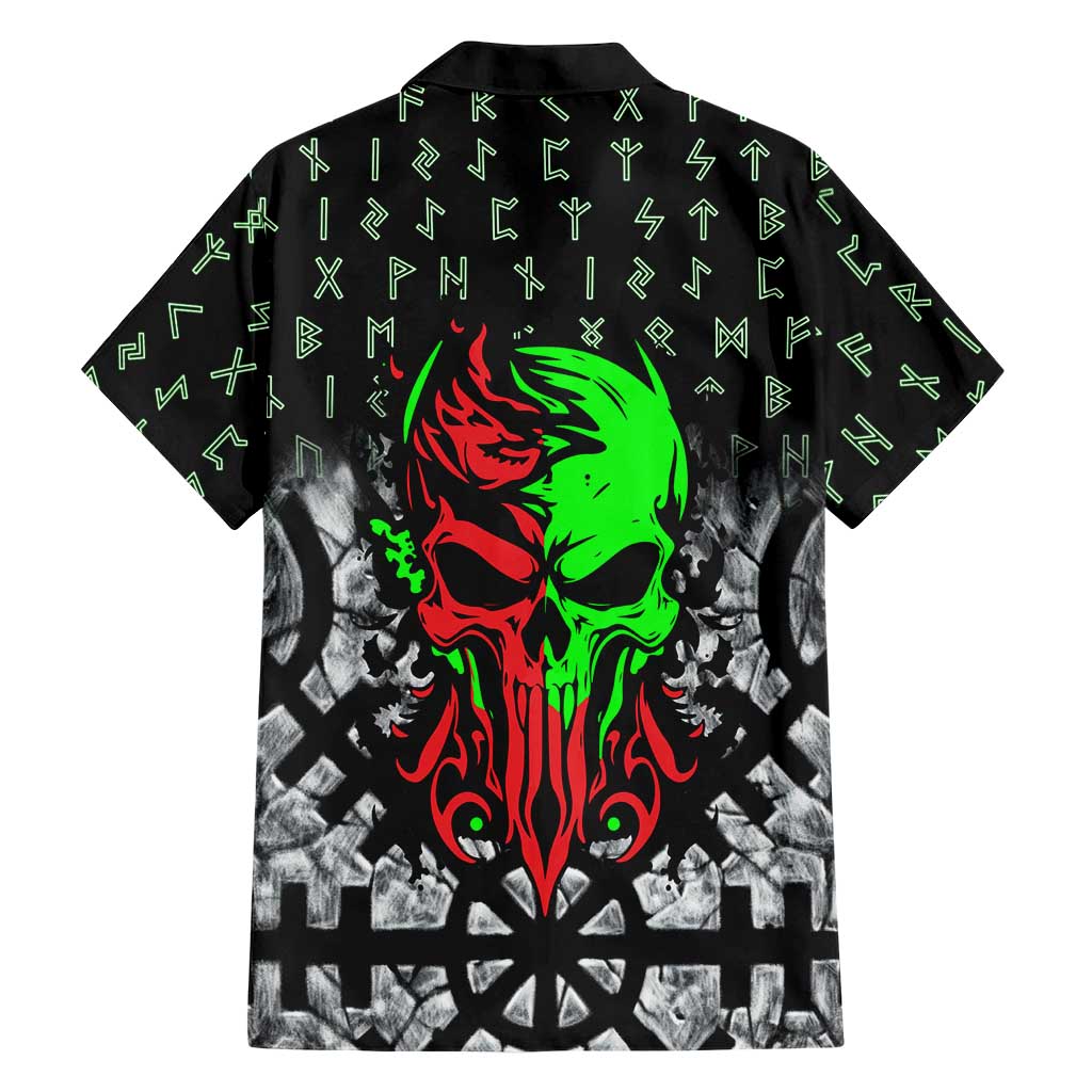 Flaming Skull Family Matching Summer Maxi Dress and Hawaiian Shirt with Green Runes and Norse Symbols Viking Warrior Tribute - Wonder Print Shop