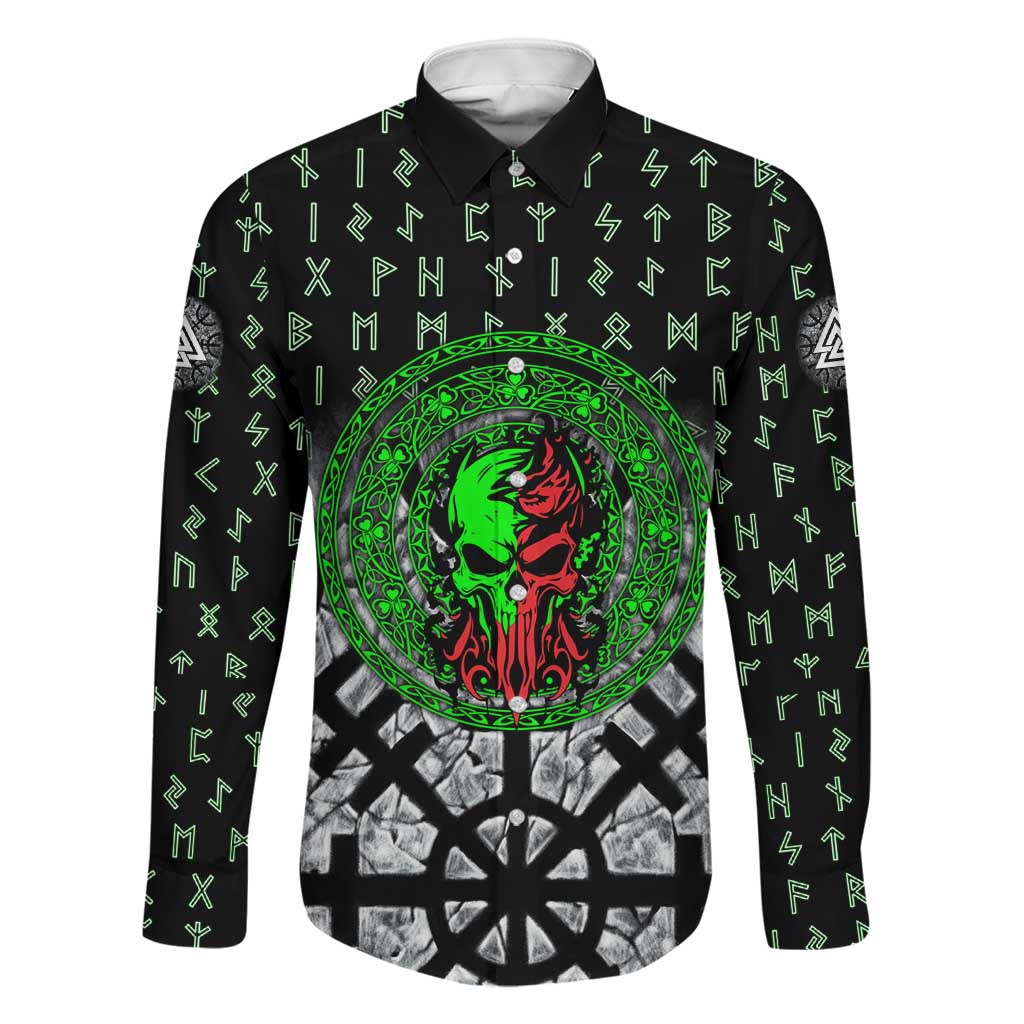Flaming Skull Family Matching Summer Maxi Dress and Hawaiian Shirt with Green Runes and Norse Symbols Viking Warrior Tribute - Wonder Print Shop