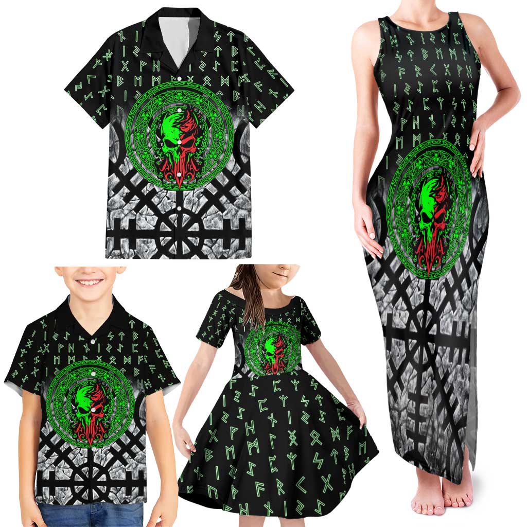 Flaming Skull Family Matching Tank Maxi Dress and Hawaiian Shirt with Green Runes and Norse Symbols Viking Warrior Tribute - Wonder Print Shop