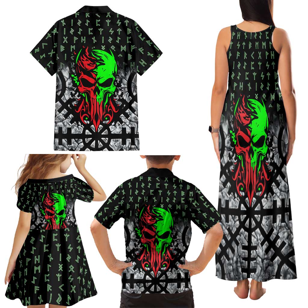 Flaming Skull Family Matching Tank Maxi Dress and Hawaiian Shirt with Green Runes and Norse Symbols Viking Warrior Tribute - Wonder Print Shop