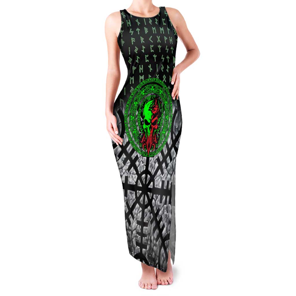 Flaming Skull Family Matching Tank Maxi Dress and Hawaiian Shirt with Green Runes and Norse Symbols Viking Warrior Tribute - Wonder Print Shop