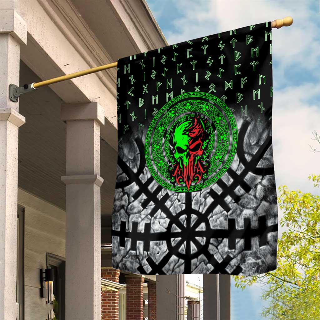 Flaming Skull Garden Flag with Green Runes and Norse Symbols Viking Warrior Tribute - Wonder Print Shop