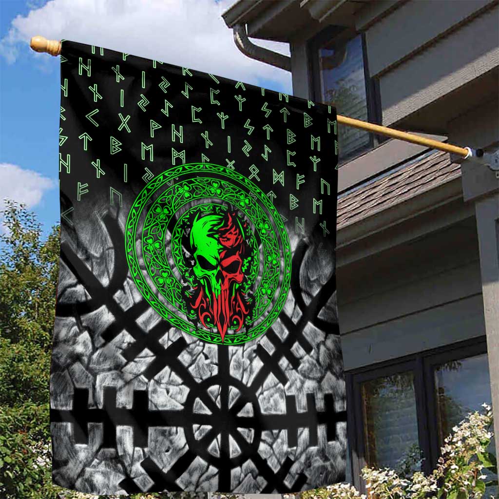 Flaming Skull Garden Flag with Green Runes and Norse Symbols Viking Warrior Tribute - Wonder Print Shop