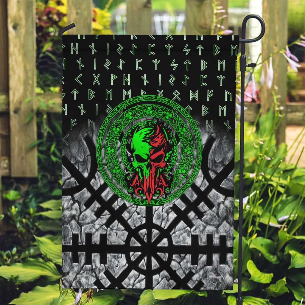 Flaming Skull Garden Flag with Green Runes and Norse Symbols Viking Warrior Tribute - Wonder Print Shop
