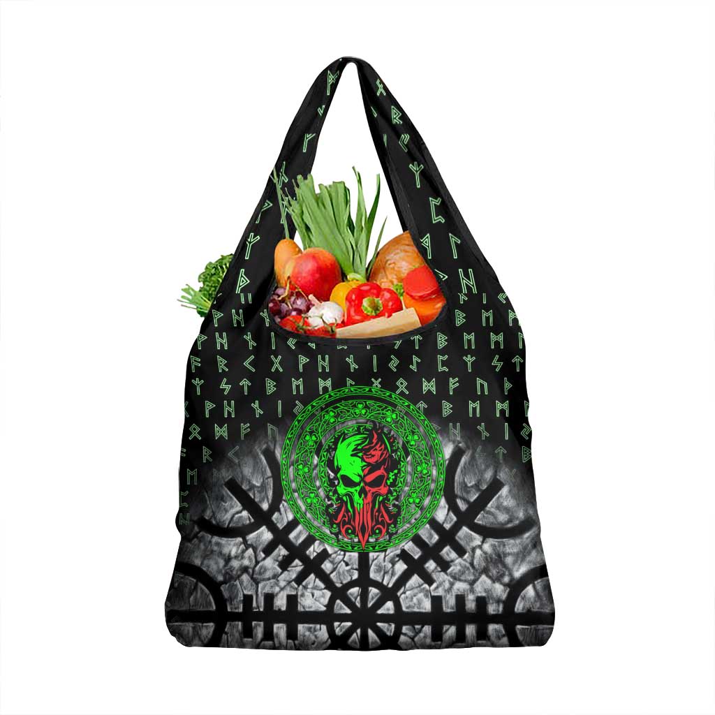 Flaming Skull Grocery Bag with Green Runes and Norse Symbols Viking Warrior Tribute - Wonder Print Shop
