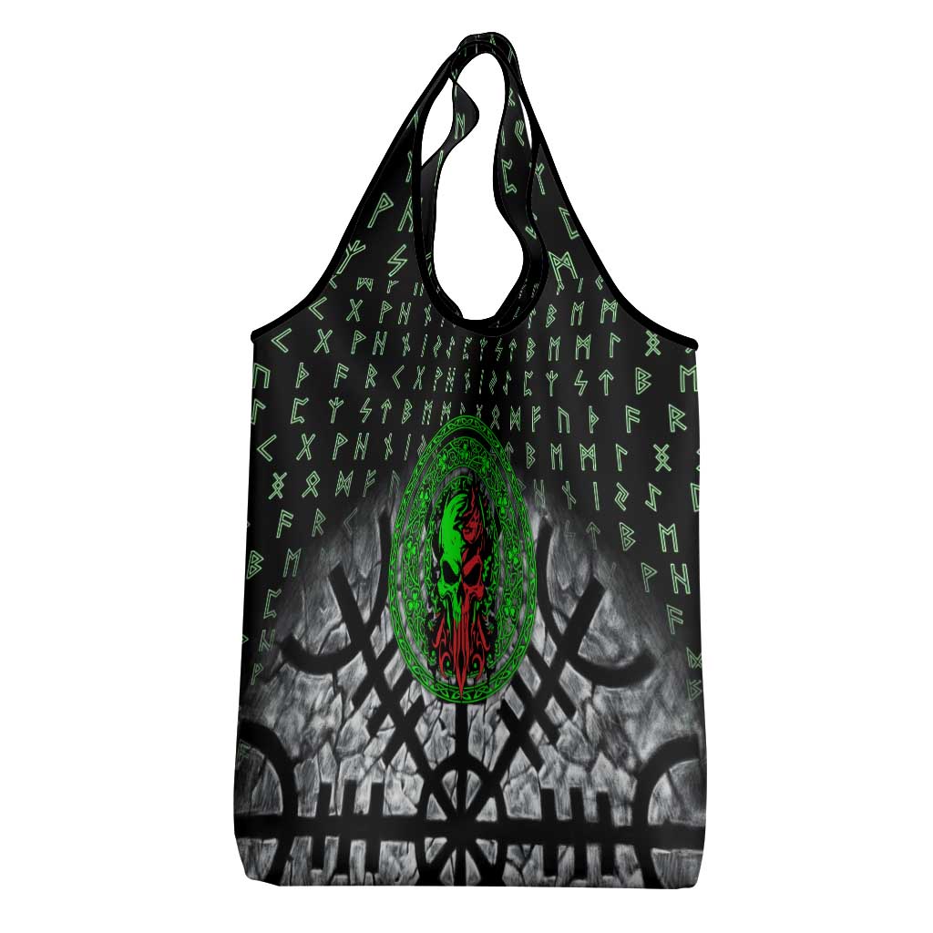 Flaming Skull Grocery Bag with Green Runes and Norse Symbols Viking Warrior Tribute - Wonder Print Shop