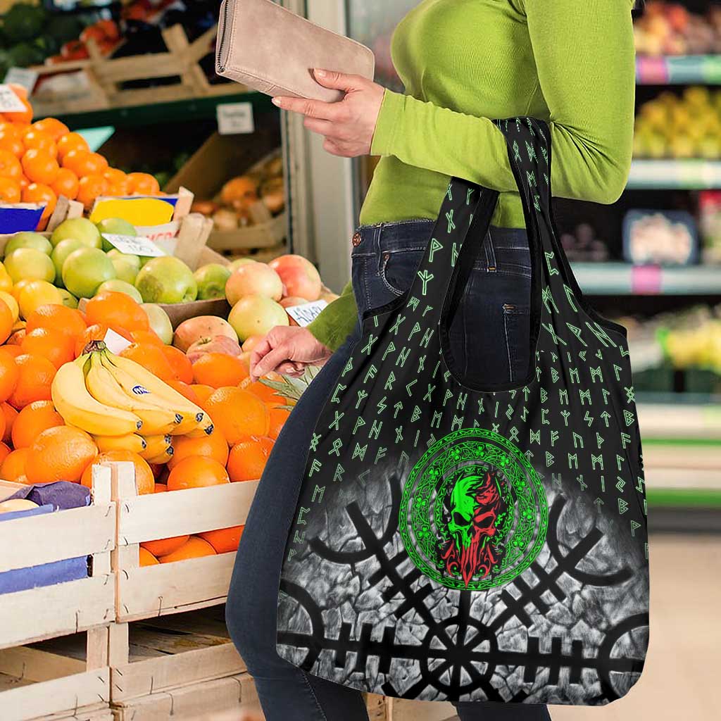 Flaming Skull Grocery Bag with Green Runes and Norse Symbols Viking Warrior Tribute - Wonder Print Shop