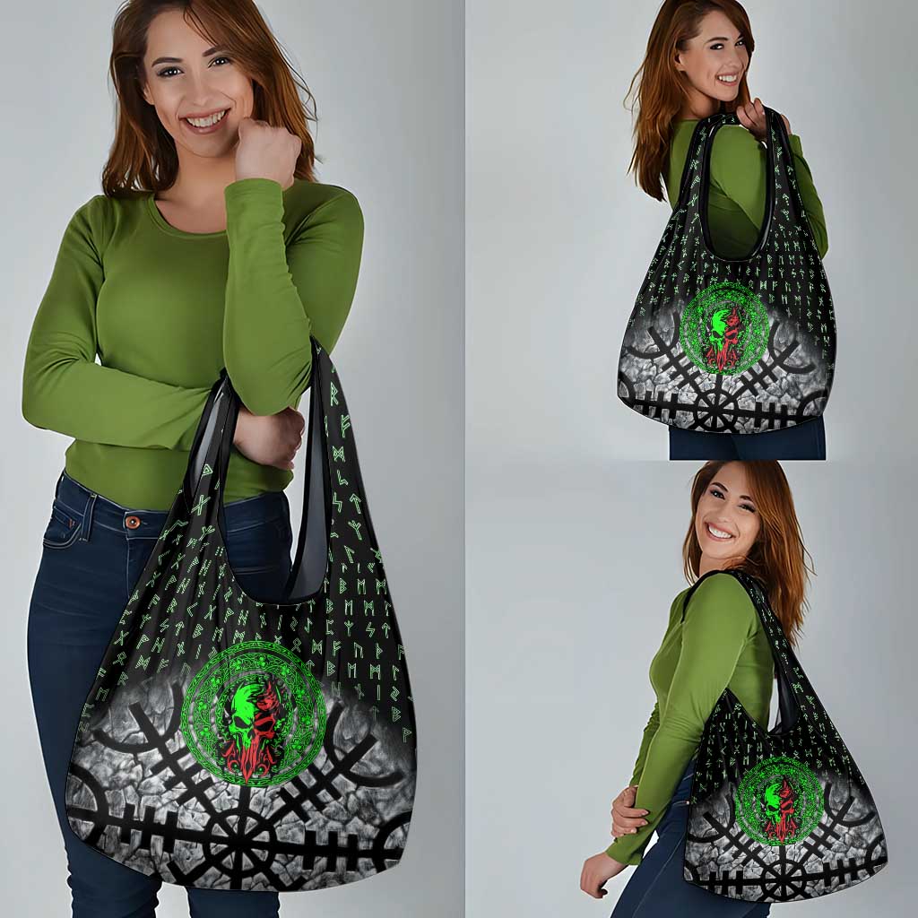 Flaming Skull Grocery Bag with Green Runes and Norse Symbols Viking Warrior Tribute - Wonder Print Shop