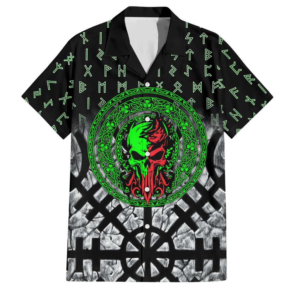 Flaming Skull Hawaiian Shirt with Green Runes and Norse Symbols Viking Warrior Tribute - Wonder Print Shop