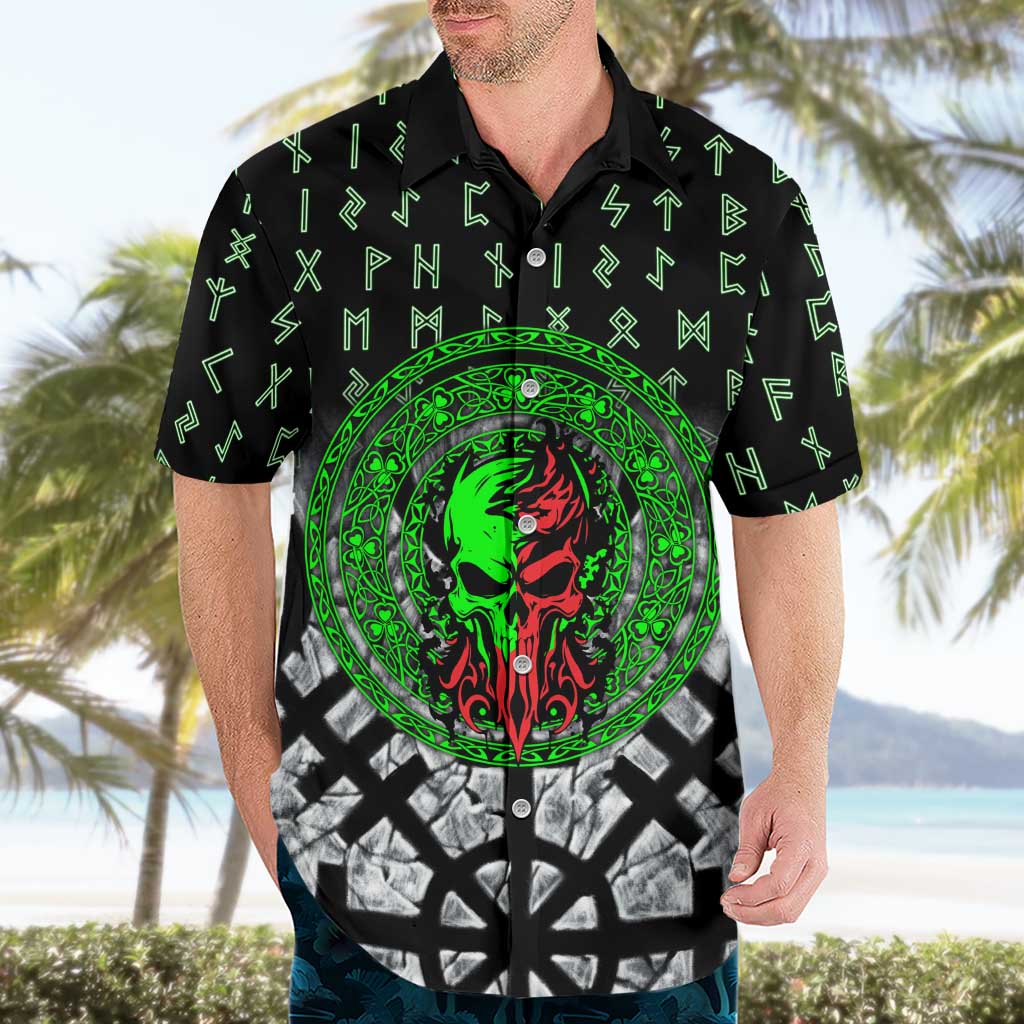 Flaming Skull Hawaiian Shirt with Green Runes and Norse Symbols Viking Warrior Tribute - Wonder Print Shop