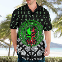 Flaming Skull Hawaiian Shirt with Green Runes and Norse Symbols Viking Warrior Tribute - Wonder Print Shop
