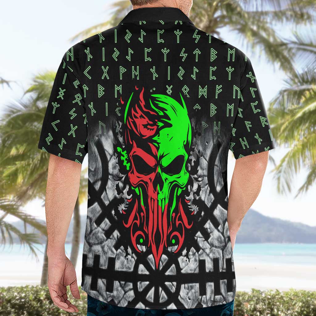 Flaming Skull Hawaiian Shirt with Green Runes and Norse Symbols Viking Warrior Tribute - Wonder Print Shop