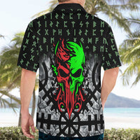 Flaming Skull Hawaiian Shirt with Green Runes and Norse Symbols Viking Warrior Tribute - Wonder Print Shop