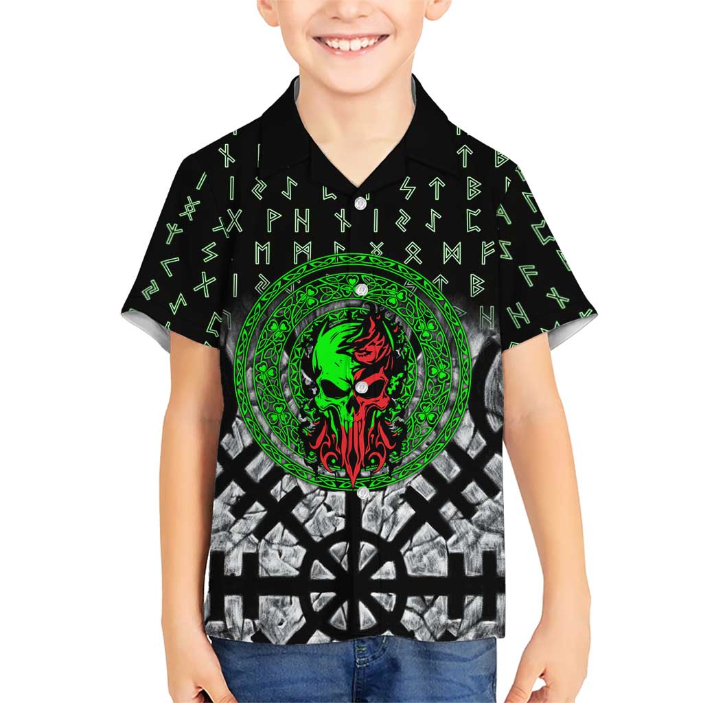 Flaming Skull Hawaiian Shirt with Green Runes and Norse Symbols Viking Warrior Tribute - Wonder Print Shop