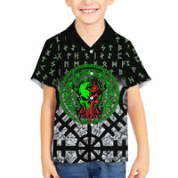 Flaming Skull Hawaiian Shirt with Green Runes and Norse Symbols Viking Warrior Tribute - Wonder Print Shop