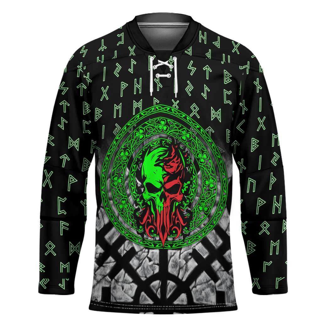 Flaming Skull Hockey Jersey with Green Runes and Norse Symbols Viking Warrior Tribute - Wonder Print Shop