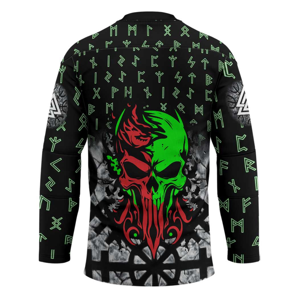 Flaming Skull Hockey Jersey with Green Runes and Norse Symbols Viking Warrior Tribute - Wonder Print Shop