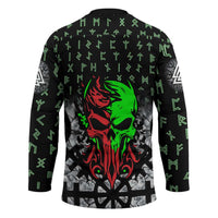Flaming Skull Hockey Jersey with Green Runes and Norse Symbols Viking Warrior Tribute - Wonder Print Shop