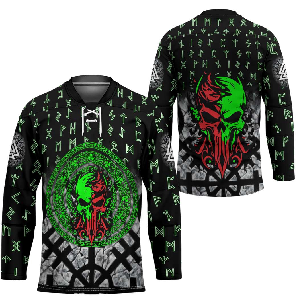 Flaming Skull Hockey Jersey with Green Runes and Norse Symbols Viking Warrior Tribute - Wonder Print Shop