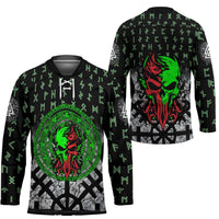 Flaming Skull Hockey Jersey with Green Runes and Norse Symbols Viking Warrior Tribute - Wonder Print Shop