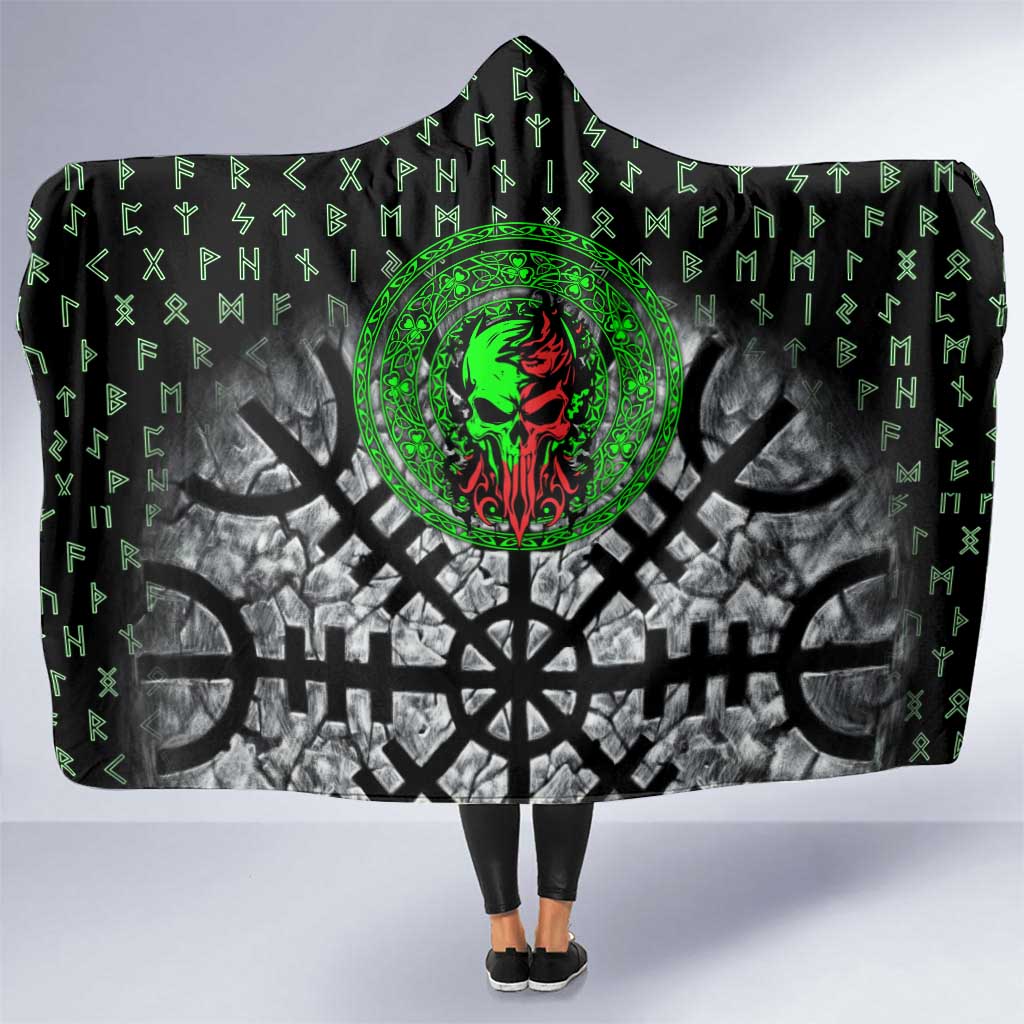 Flaming Skull Hooded Blanket with Green Runes and Norse Symbols Viking Warrior Tribute - Wonder Print Shop