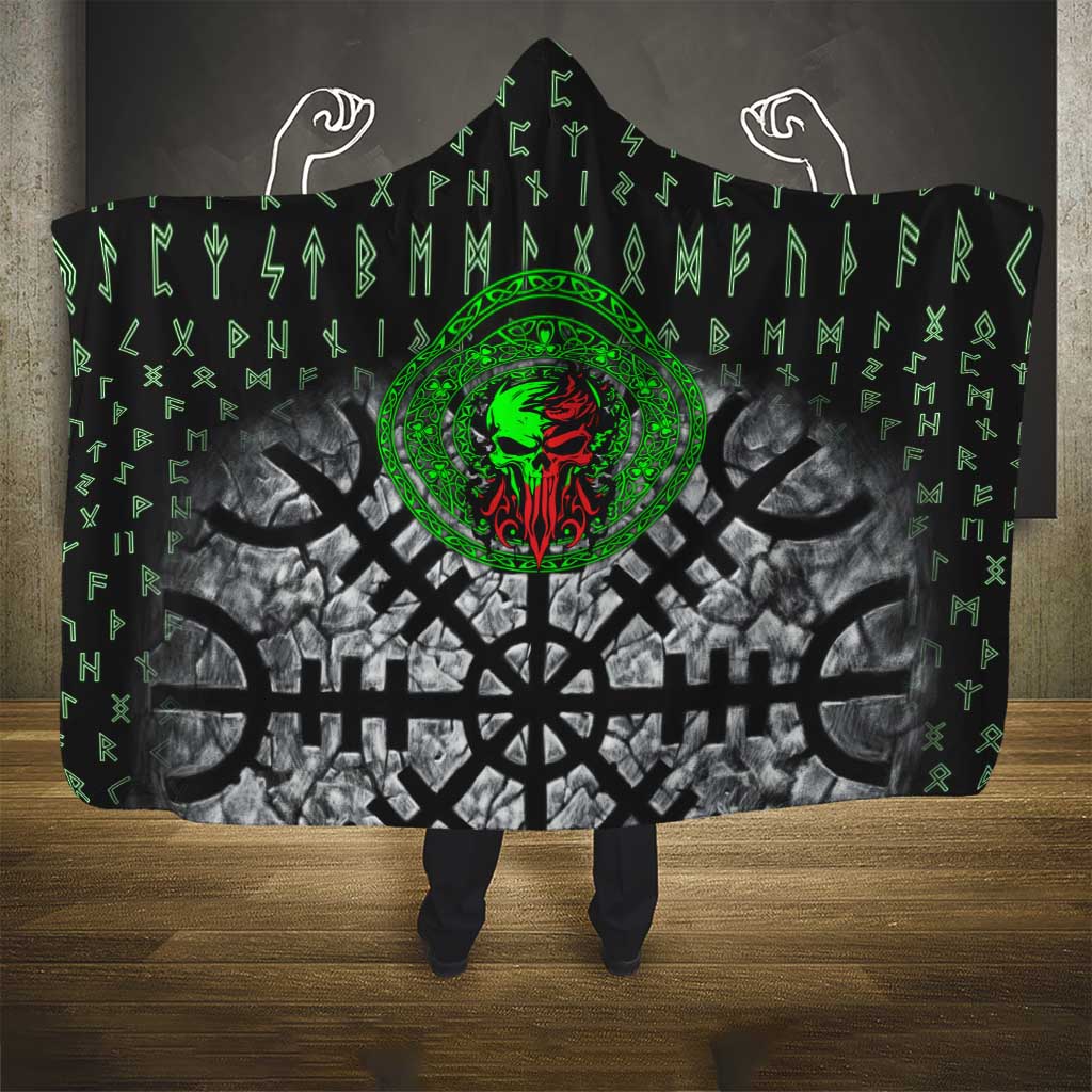 Flaming Skull Hooded Blanket with Green Runes and Norse Symbols Viking Warrior Tribute - Wonder Print Shop