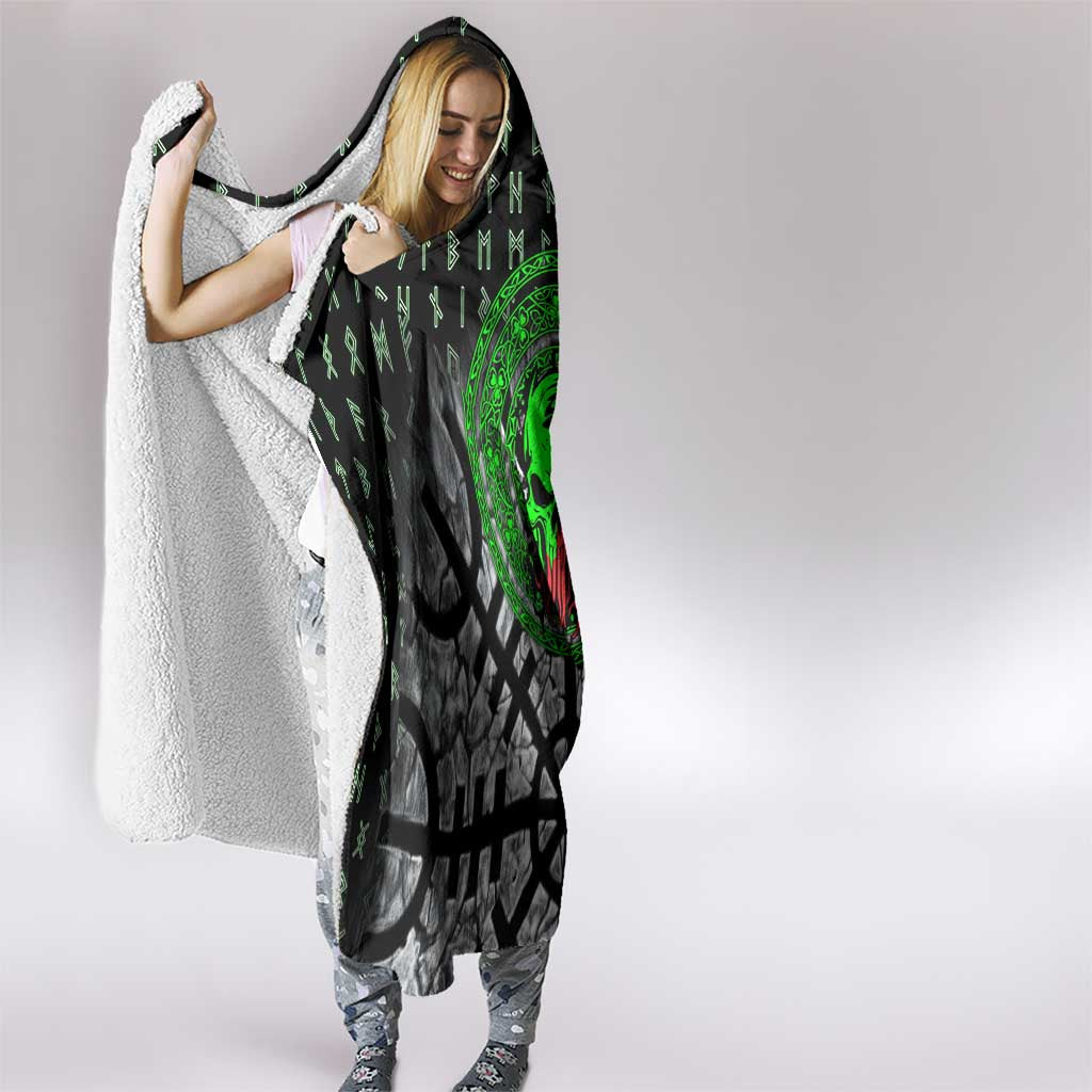 Flaming Skull Hooded Blanket with Green Runes and Norse Symbols Viking Warrior Tribute - Wonder Print Shop