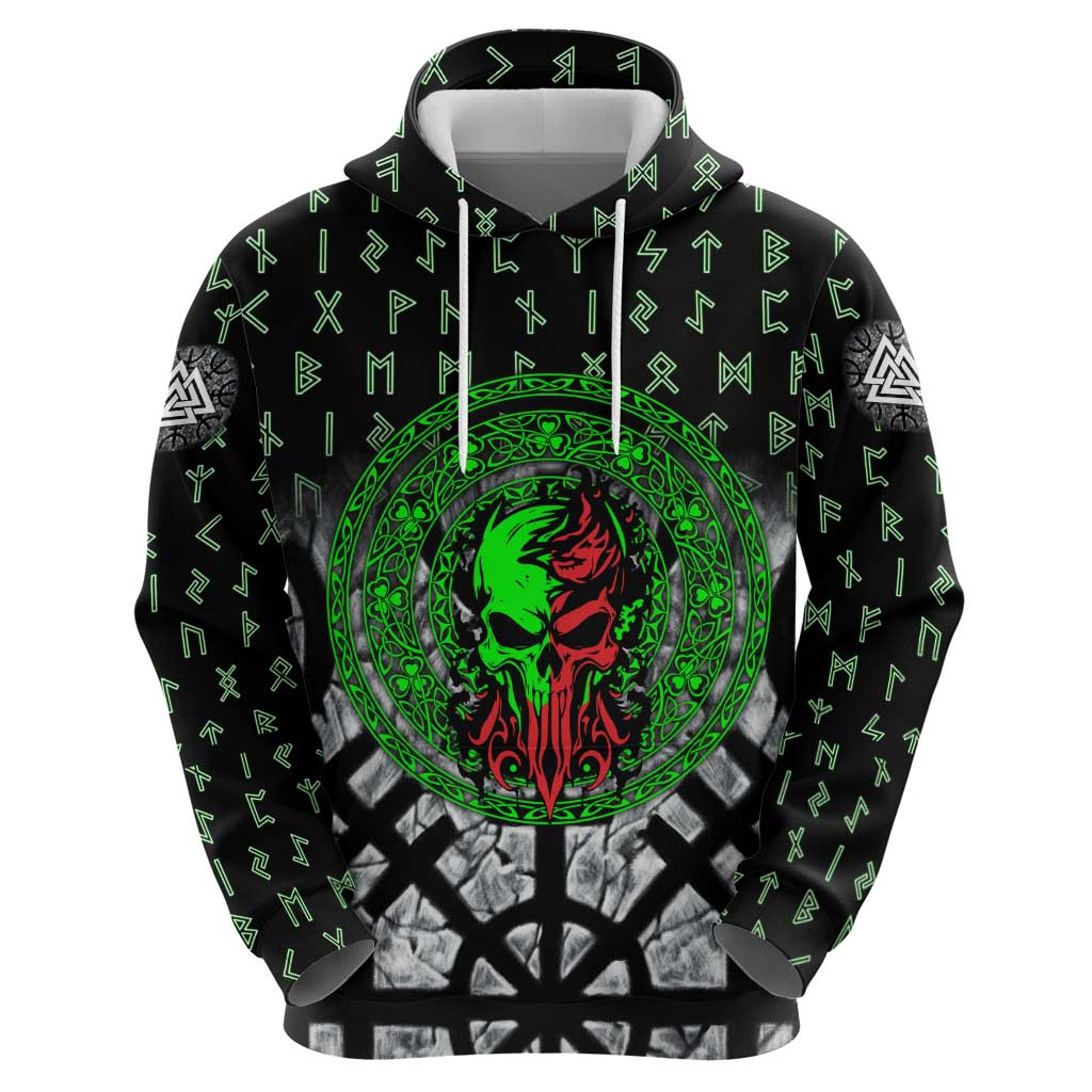 Flaming Skull Hoodie with Green Runes and Norse Symbols Viking Warrior Tribute - Wonder Print Shop