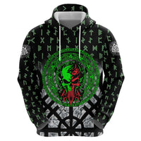 Flaming Skull Hoodie with Green Runes and Norse Symbols Viking Warrior Tribute - Wonder Print Shop