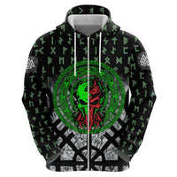 Flaming Skull Hoodie with Green Runes and Norse Symbols Viking Warrior Tribute - Wonder Print Shop