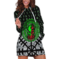 Flaming Skull Hoodie Dress with Green Runes and Norse Symbols Viking Warrior Tribute - Wonder Print Shop