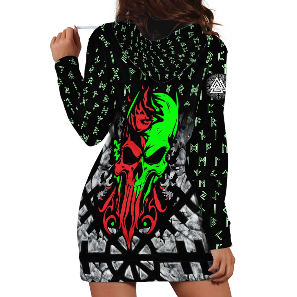 Flaming Skull Hoodie Dress with Green Runes and Norse Symbols Viking Warrior Tribute - Wonder Print Shop