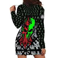 Flaming Skull Hoodie Dress with Green Runes and Norse Symbols Viking Warrior Tribute - Wonder Print Shop