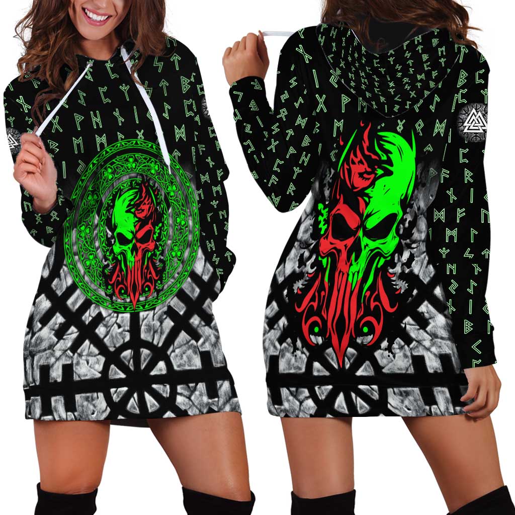 Flaming Skull Hoodie Dress with Green Runes and Norse Symbols Viking Warrior Tribute - Wonder Print Shop