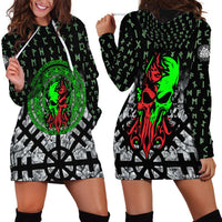 Flaming Skull Hoodie Dress with Green Runes and Norse Symbols Viking Warrior Tribute - Wonder Print Shop