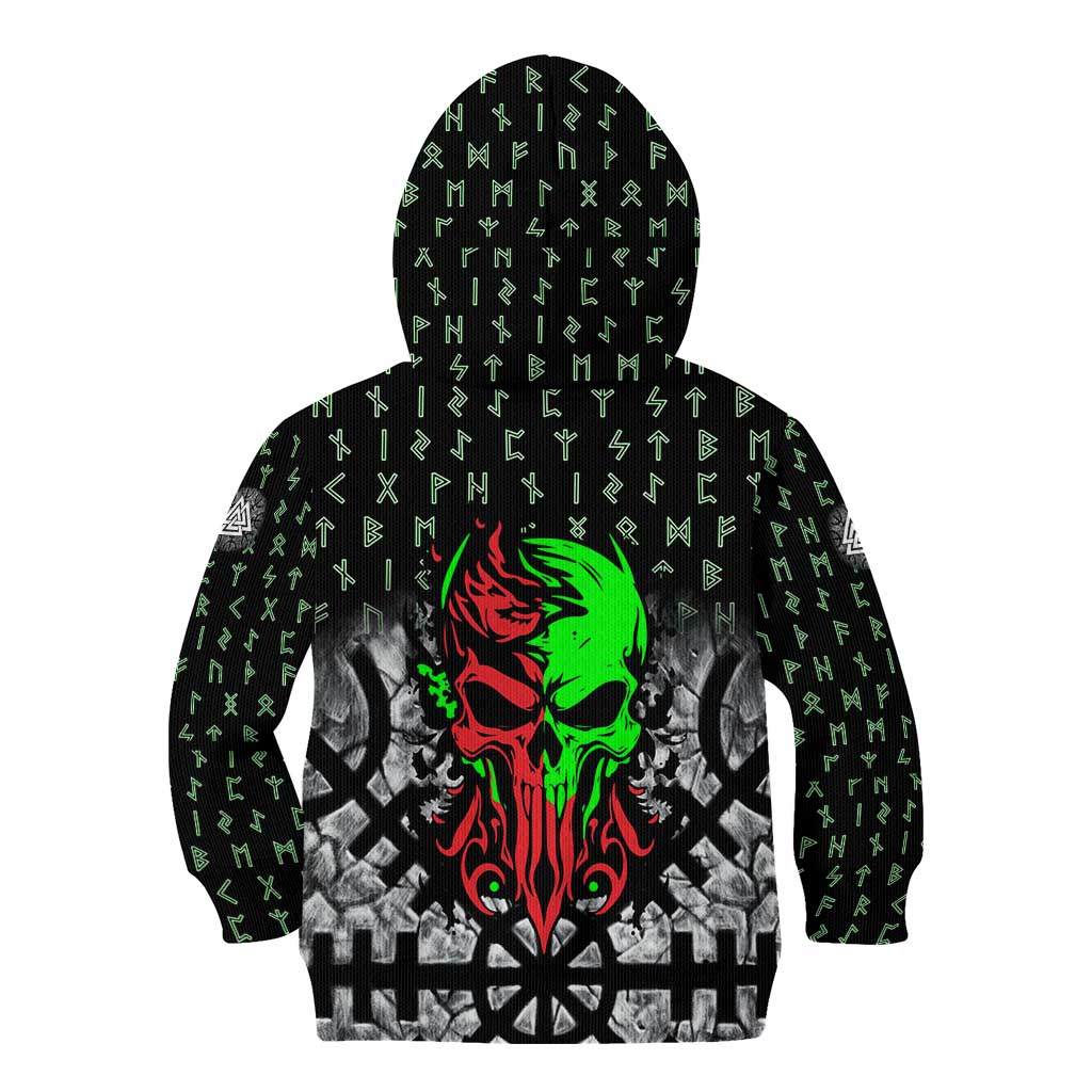 Flaming Skull Kid Hoodie with Green Runes and Norse Symbols Viking Warrior Tribute - Wonder Print Shop