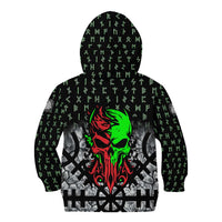 Flaming Skull Kid Hoodie with Green Runes and Norse Symbols Viking Warrior Tribute - Wonder Print Shop