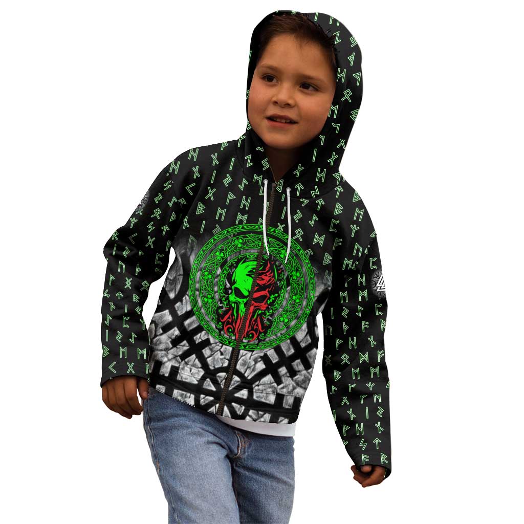 Flaming Skull Kid Hoodie with Green Runes and Norse Symbols Viking Warrior Tribute - Wonder Print Shop
