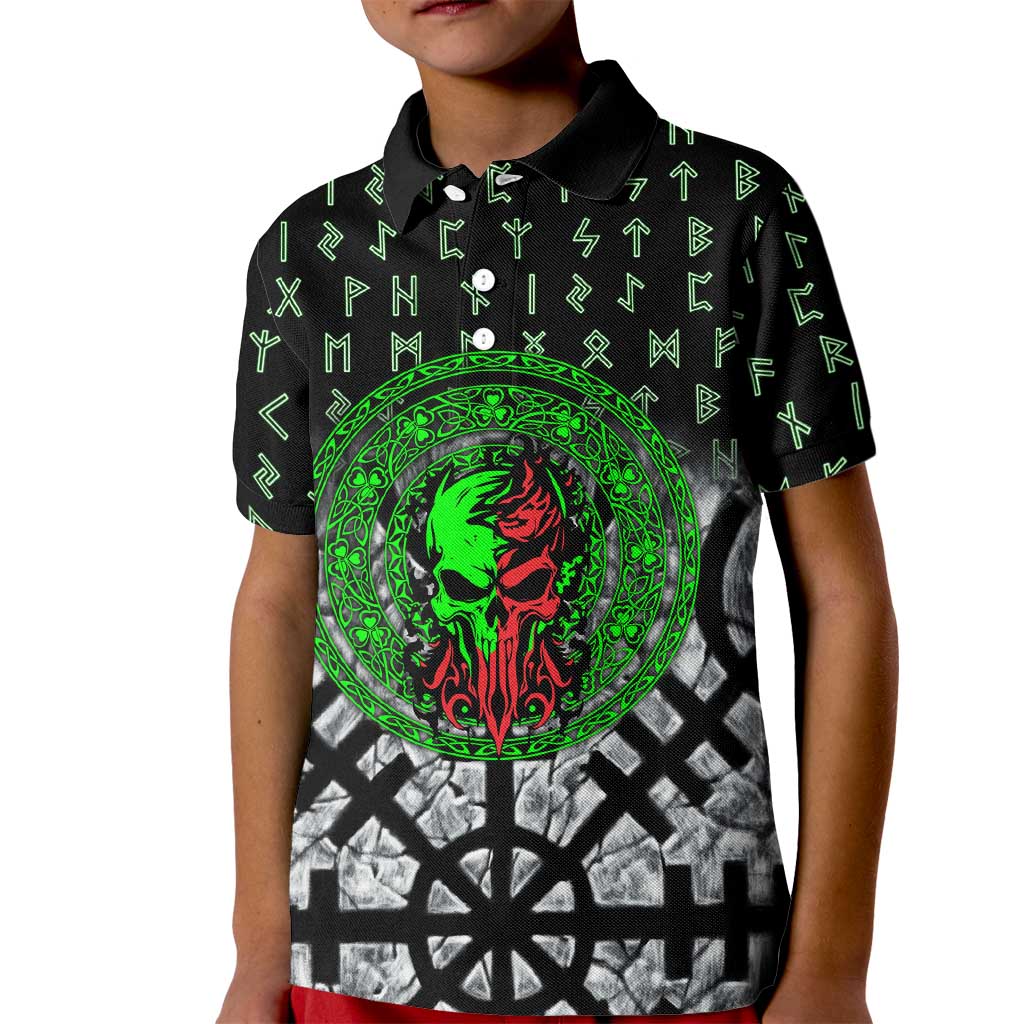 Flaming Skull Kid Polo Shirt with Green Runes and Norse Symbols Viking Warrior Tribute - Wonder Print Shop