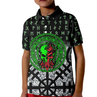 Flaming Skull Kid Polo Shirt with Green Runes and Norse Symbols Viking Warrior Tribute - Wonder Print Shop