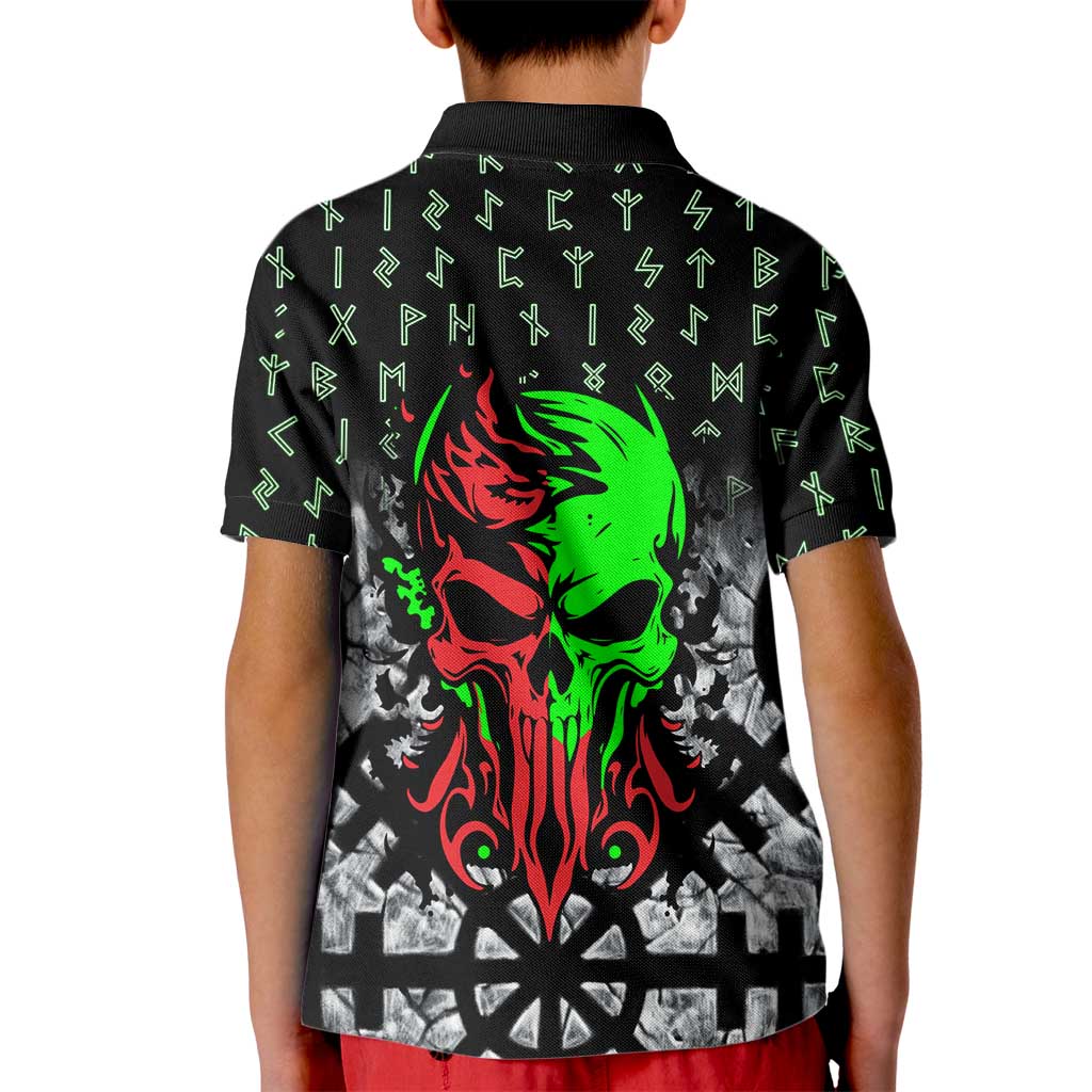 Flaming Skull Kid Polo Shirt with Green Runes and Norse Symbols Viking Warrior Tribute - Wonder Print Shop