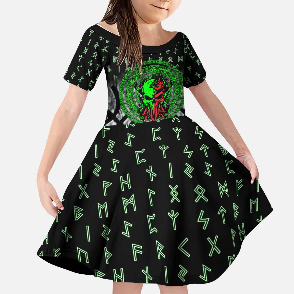 Flaming Skull Kid Short Sleeve Dress with Green Runes and Norse Symbols Viking Warrior Tribute - Wonder Print Shop
