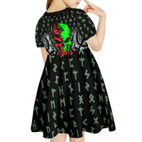 Flaming Skull Kid Short Sleeve Dress with Green Runes and Norse Symbols Viking Warrior Tribute - Wonder Print Shop