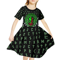 Flaming Skull Kid Short Sleeve Dress with Green Runes and Norse Symbols Viking Warrior Tribute - Wonder Print Shop
