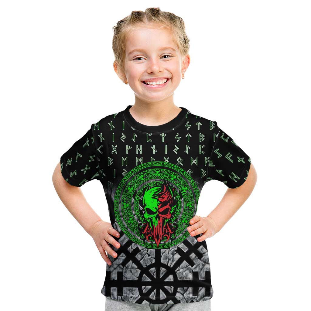 Flaming Skull Kid T Shirt with Green Runes and Norse Symbols Viking Warrior Tribute - Wonder Print Shop